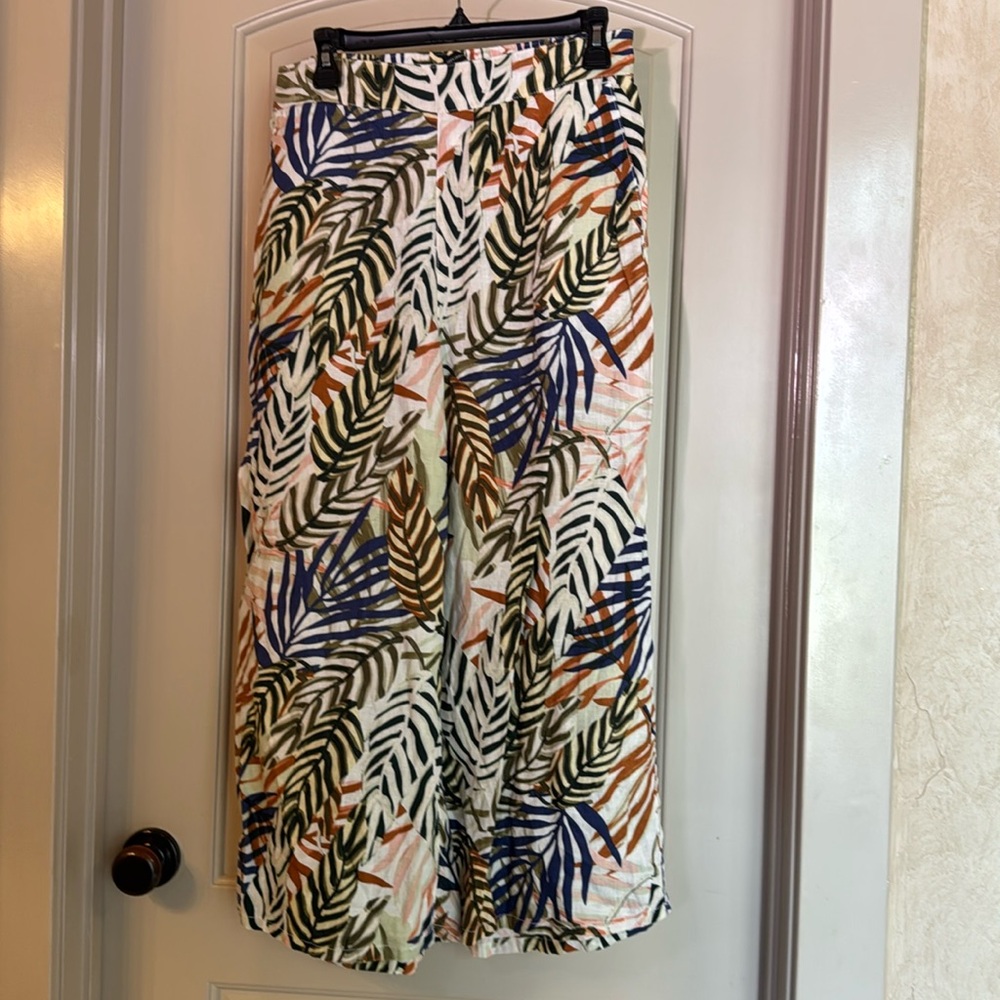 Tahari Linen Tropical Print Wide Leg Pants, Large